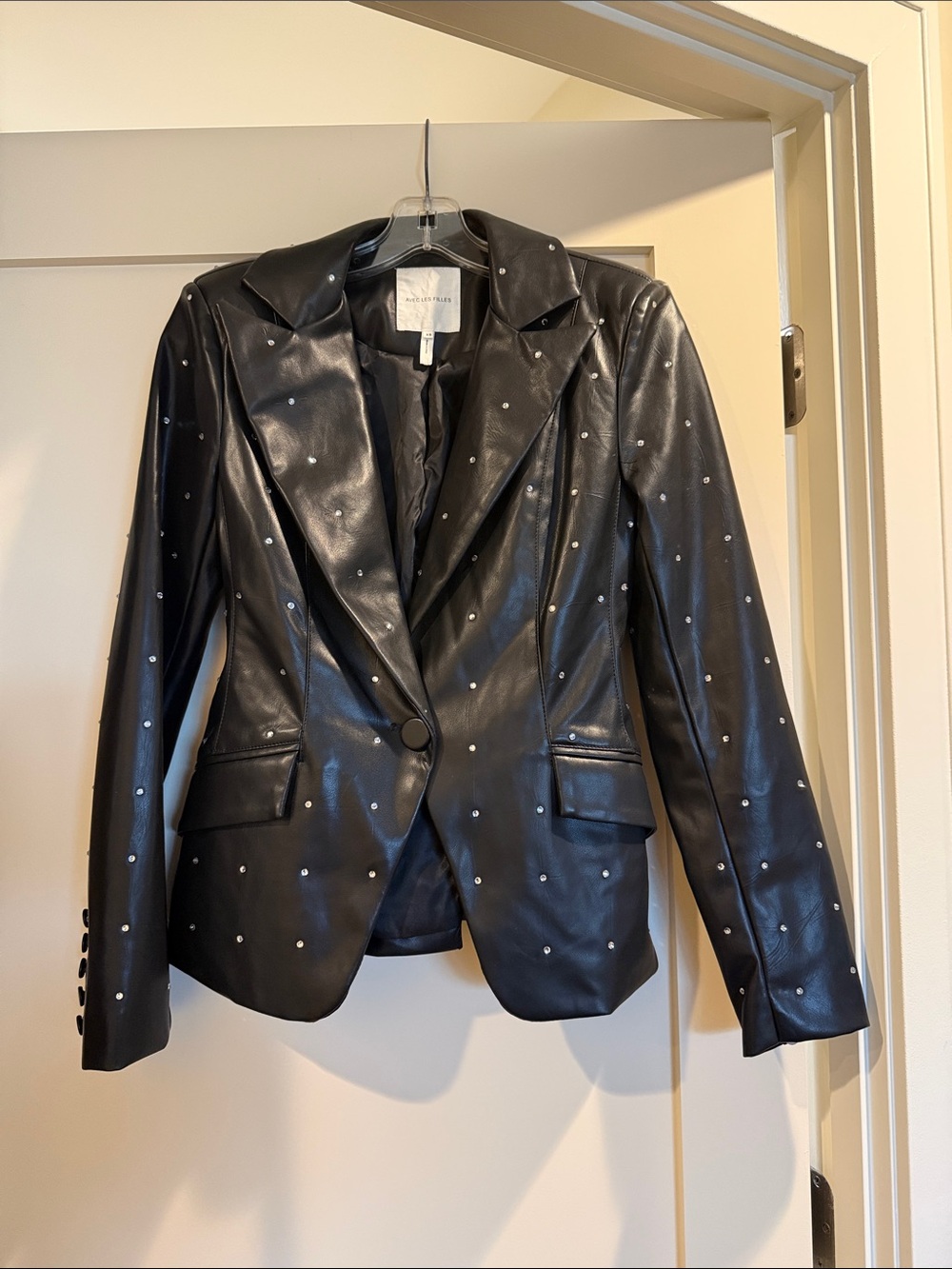 Avec Les Filles black vegan leather blazer with crystal detail - Picture 2 of 5